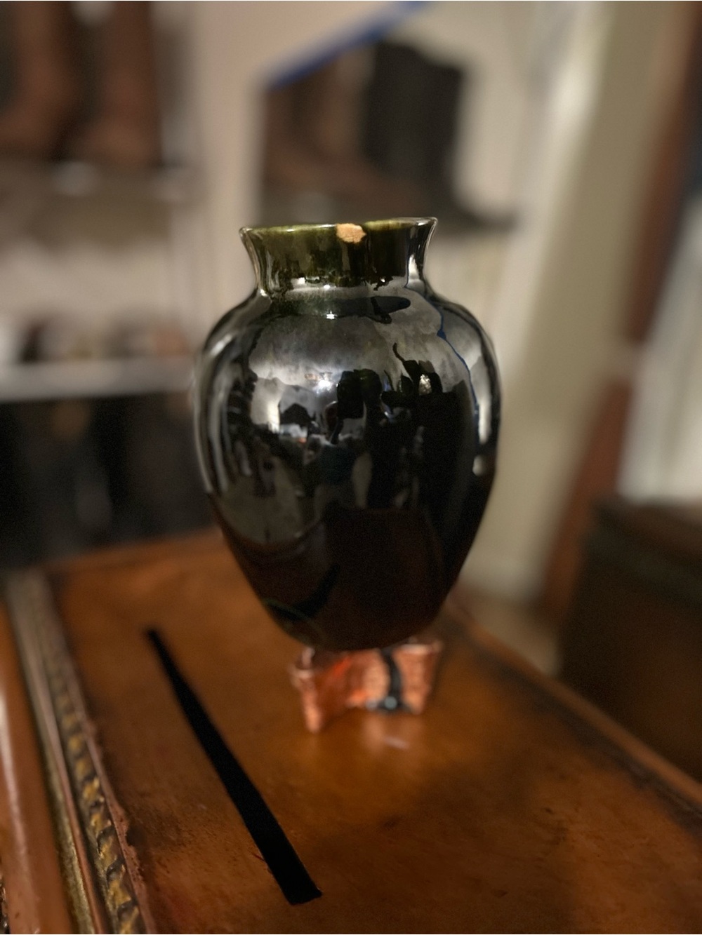 Elegant Handmade Green Mirror Gloss Ceramic Vase with Copper Base. *SOLD*